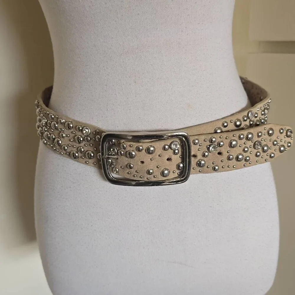 GUESS Vtg Y2K Genuine Suede RHINESTONE SILVER STUDDED Wmn 1.5
